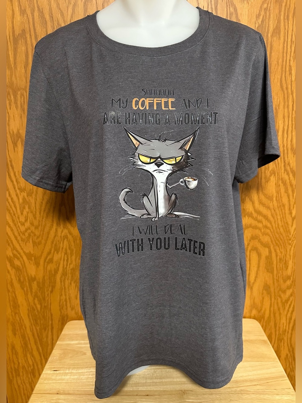Coffee & Cat Humor Crewneck Graphic Tee - NIP